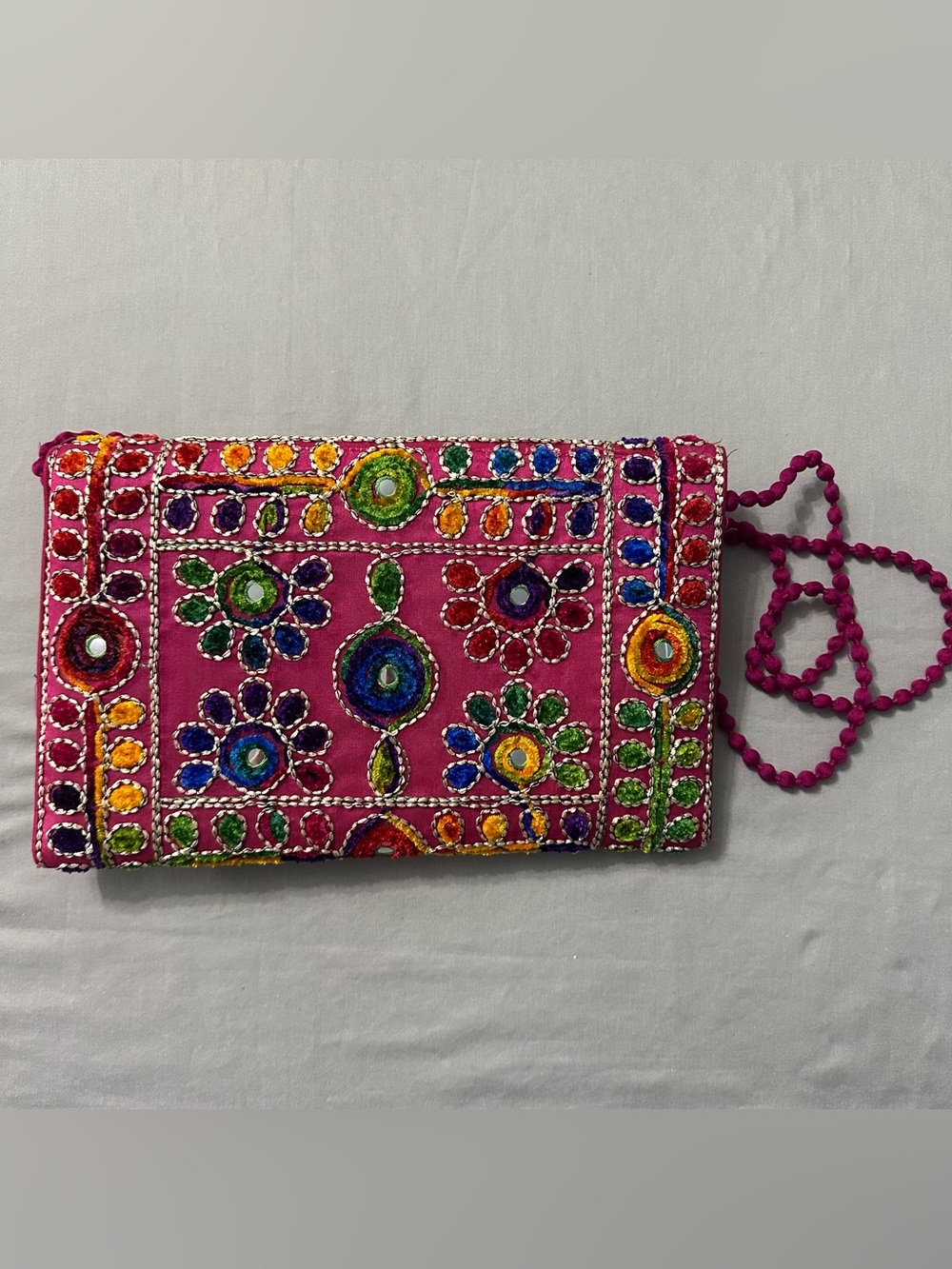 Maatangi Boho Embroidered Mirror Work Foldover Clutch Crossbody Purse Hot Pink - Picture 2 of 10